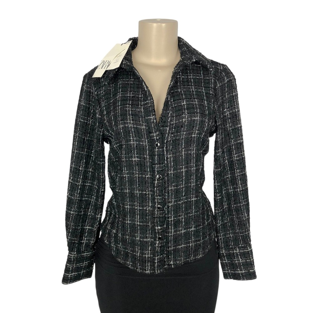 NWT Zara Plaid Tweed Fitted Blazer Jacket Small Preppy Office Career Black White